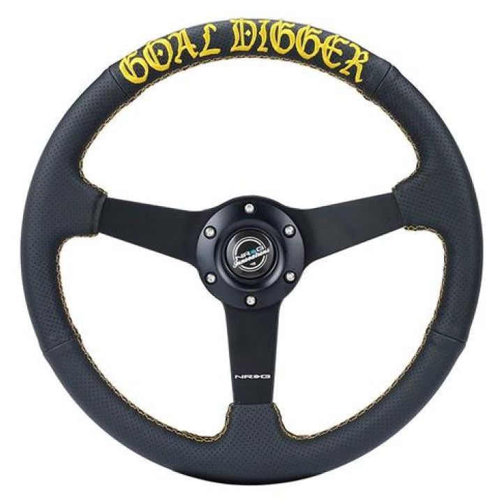 NRG Sport Steering Wheel (350mm / 1.5in Deep) Black Leather/Gold Stitch w/Matte Black Solid Spokes-tuningsupply.com