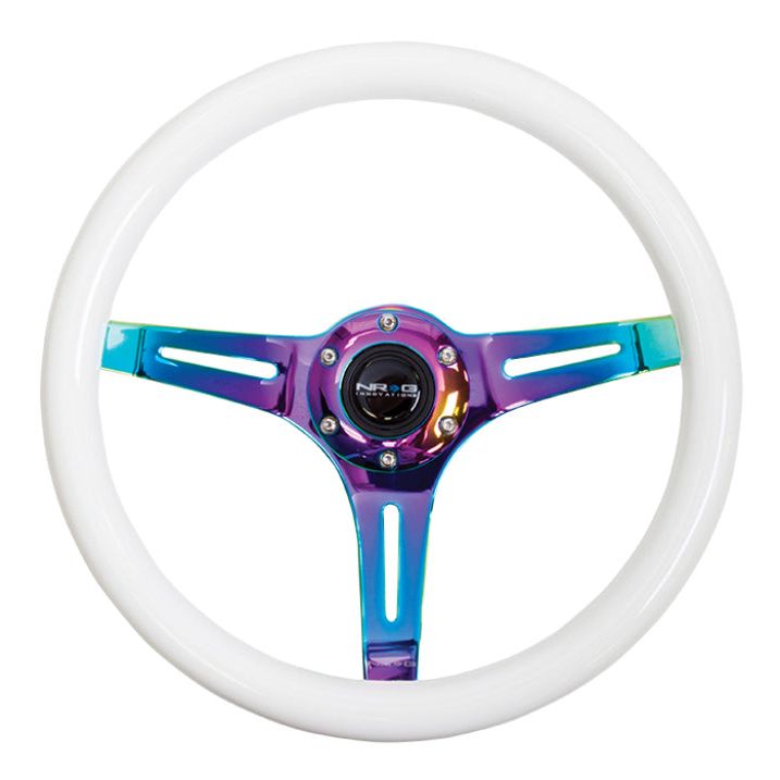 NRG Classic Wood Grain Steering Wheel (350mm) Glow-N-The-Dark Green Grip w/Neochrome 3-Spoke Center - SMINKpower Performance Parts NRGST-015MC-GL NRG