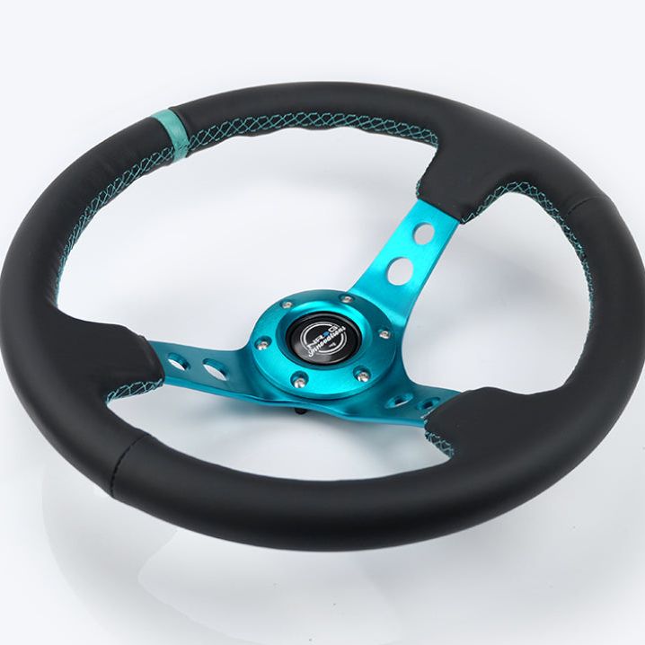 NRG Reinforce Steering Wheel (350mm / 3in. Deep) Blk Leather, Teal Center Mark w/ Teal Stitching-tuningsupply.com