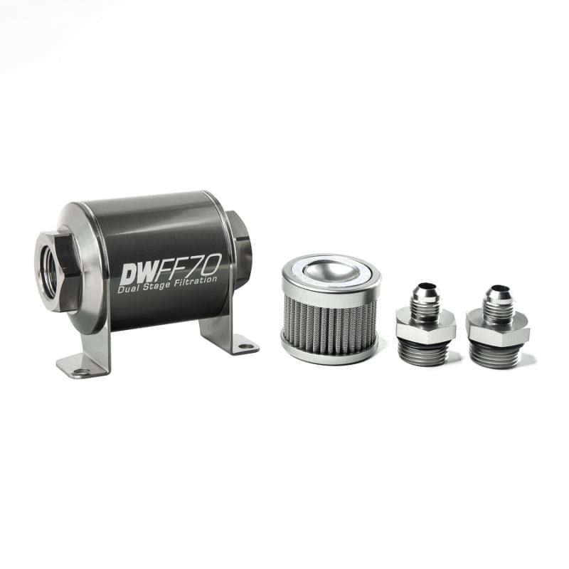 DeatschWerks Stainless Steel 6AN 10 Micron Universal Inline Fuel Filter Housing Kit (70mm)-tuningsupply.com