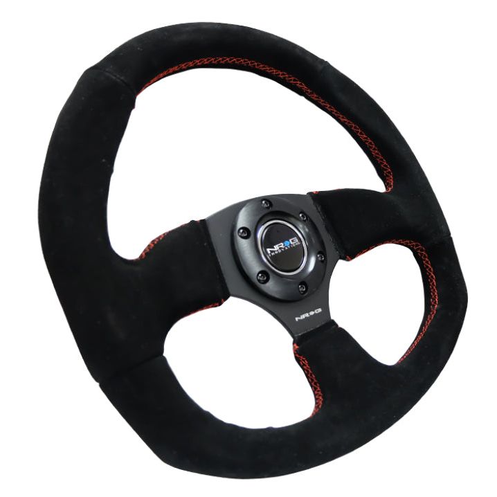 NRG Reinforced Steering Wheel (320mm Horizontal / 330mm Vertical) Suede w/Red Stitch-tuningsupply.com