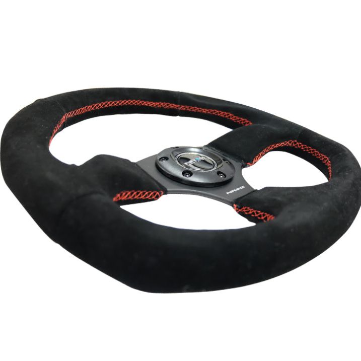 NRG Reinforced Steering Wheel (320mm Horizontal / 330mm Vertical) Suede w/Red Stitch-tuningsupply.com