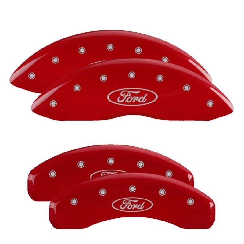 MGP 4 Caliper Covers Engraved Front & Rear Ford Oval Logo Red Finish Silver Char 2021 Ford F-150-tuningsupply.com