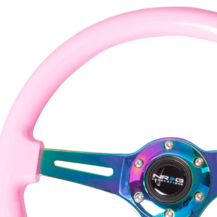 NRG Classic Wood Grain Steering Wheel (350mm) Solid Pink Painted Grip w/Neochrome 3-Spoke Center - SMINKpower Performance Parts NRGST-015MC-PK NRG