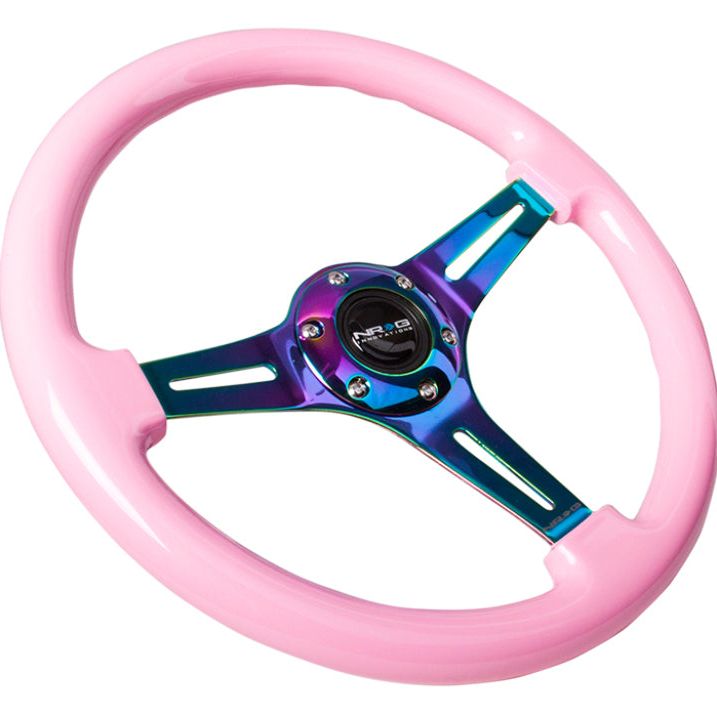 NRG Classic Wood Grain Steering Wheel (350mm) Solid Pink Painted Grip w/Neochrome 3-Spoke Center - SMINKpower Performance Parts NRGST-015MC-PK NRG