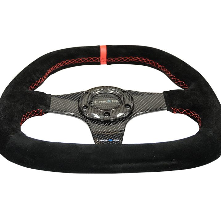 NRG Carbon Fiber Steering Wheel (320mm) Flat Btm. Blk Suede/Red Stitch w/CF Spokes & Red Center Mark-tuningsupply.com