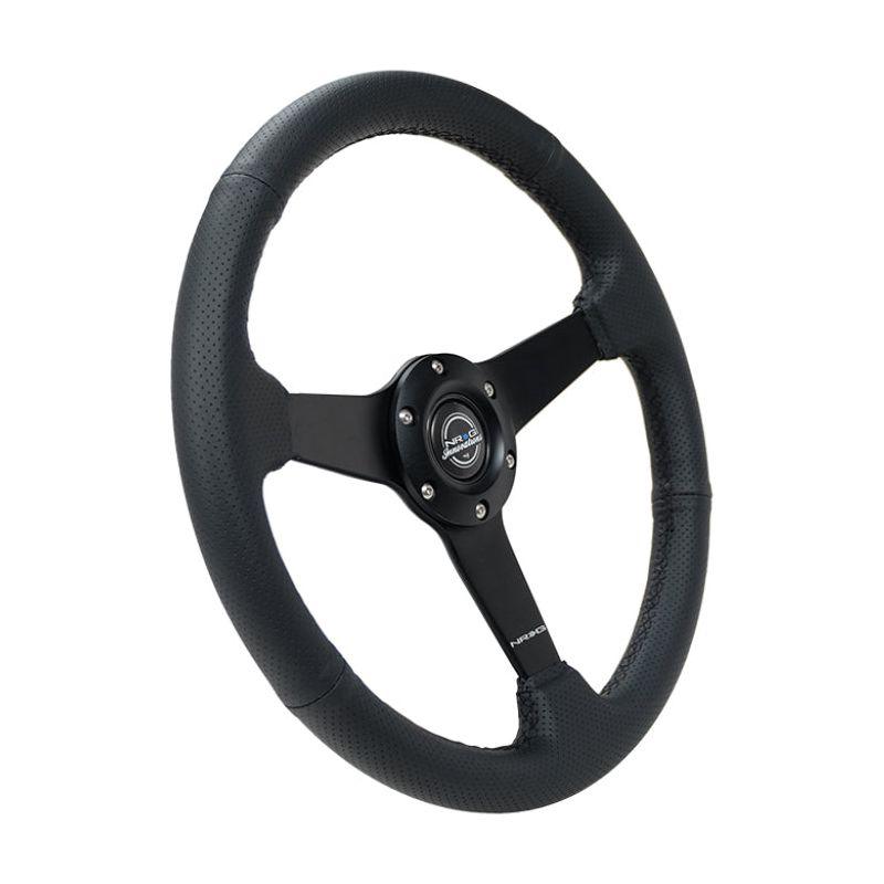 NRG Sport Steering Wheel (350mm / 1.5in Deep) Black Leather Black Stitch w/Matte Black Solid Spokes - SMINKpower Performance Parts NRGRST-037MB-PR NRG