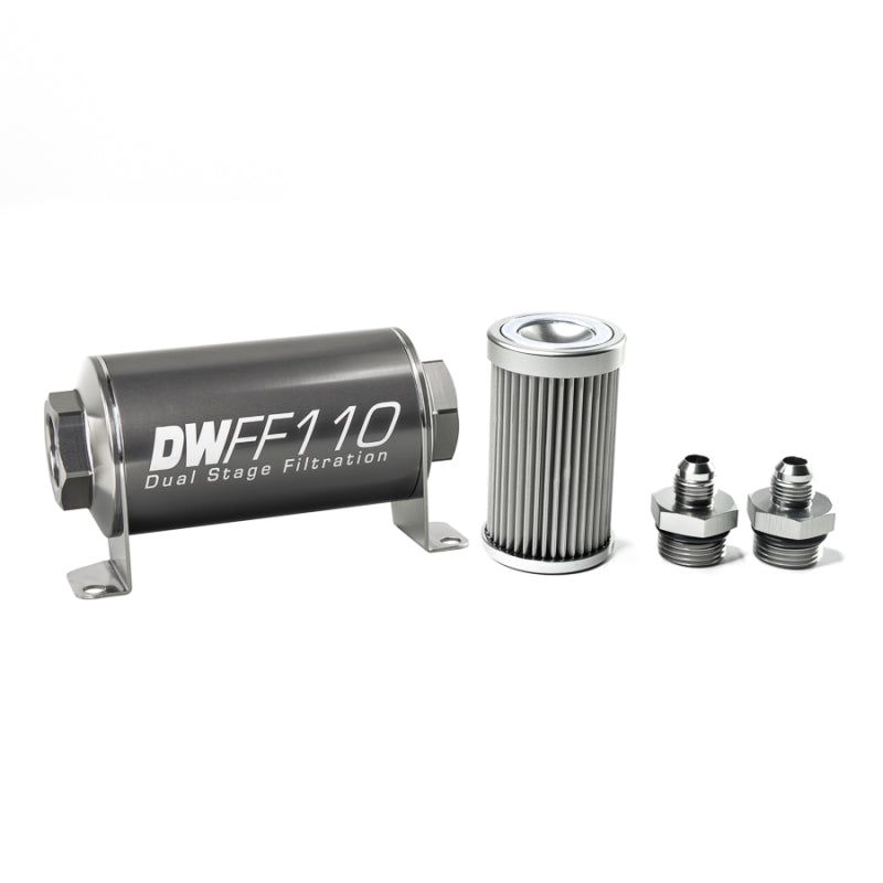 DeatschWerks Stainless Steel 6AN 10 Micron Universal Inline Fuel Filter Housing Kit (110mm)-tuningsupply.com