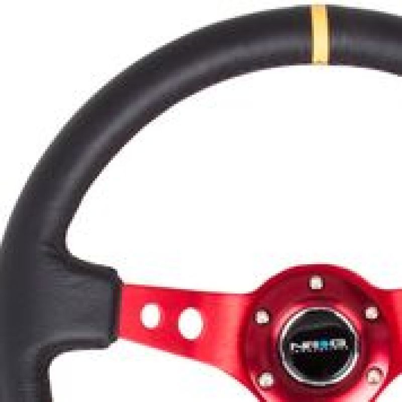 NRG Reinforced Steering Wheel (350mm / 3in. Deep) Blk Leather w/Red Spokes & Sgl Yellow Center Mark-Steering Wheels-NRG-NRGRST-006RD-Y-SMINKpower Performance Parts