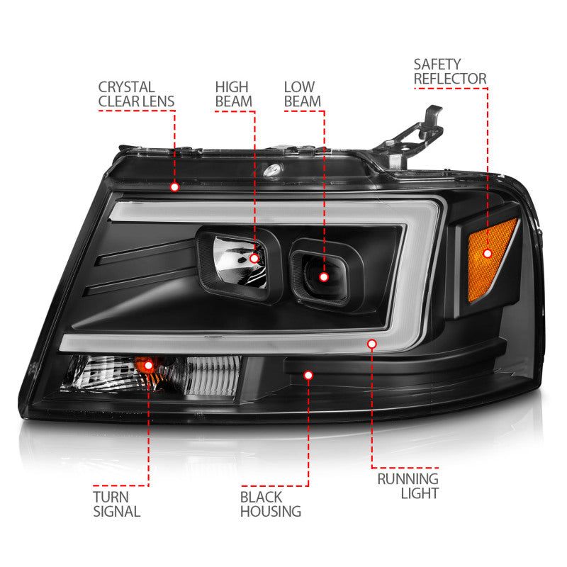 ANZO 2004-2008 Ford  F-150 Projector Headlights w/ Light Bar Black Housing-tuningsupply.com