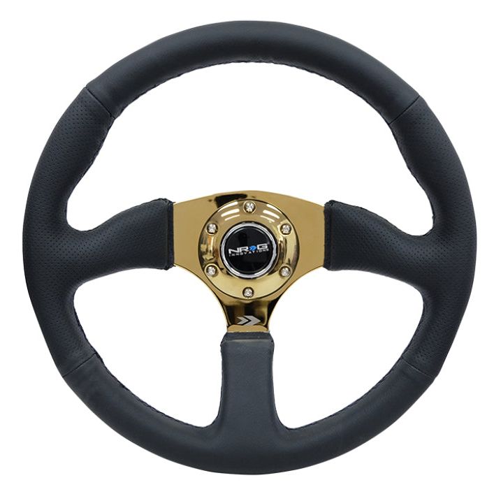 NRG Reinforced Steering Wheel (350mm / 2.5in. Deep) Leather Race Comfort Grip w/4mm Gold Spokes - SMINKpower Performance Parts NRGRST-023GD-R NRG