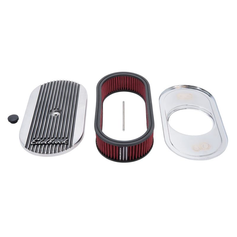 Edelbrock Air Cleaner Elite II Oval Single 4-Bbl Carb 2 5In Red Element Polished-tuningsupply.com