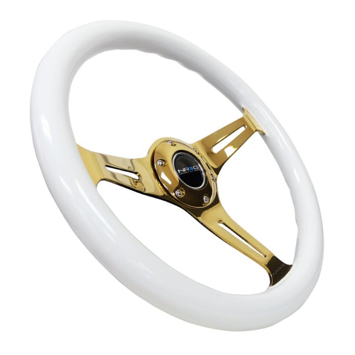 NRG Classic Wood Grain Steering Wheel (350mm) White Grip w/Chrome Gold 3-Spoke Center - SMINKpower Performance Parts NRGST-015CG-WT NRG