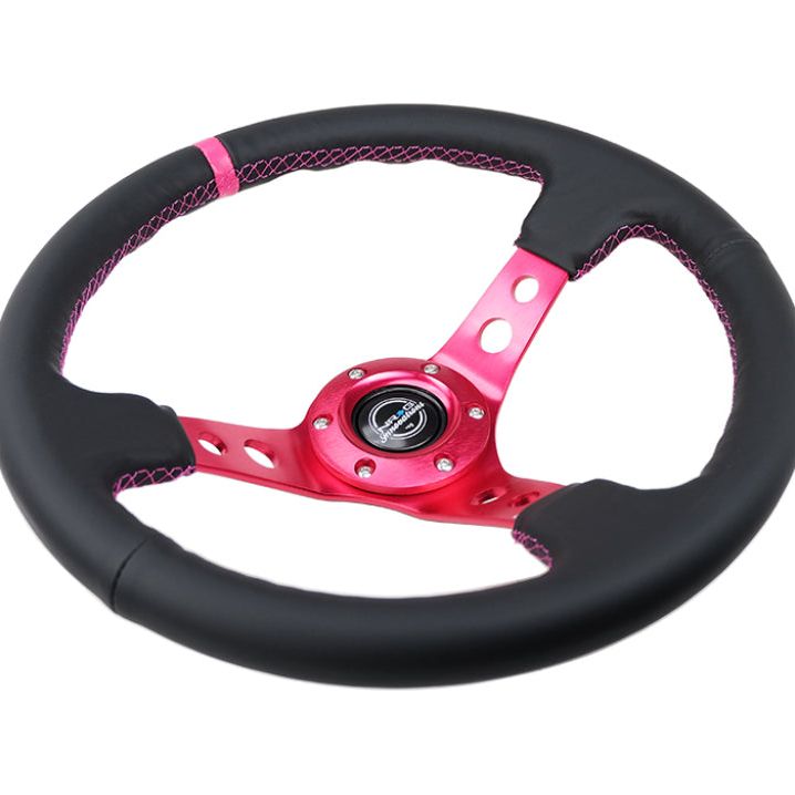 NRG Reinforced Steering Wheel (350mm/3in. Deep) Black Leather/ Fushia Center Mark/ Fushia Stitching - SMINKpower Performance Parts NRGRST-006FH NRG