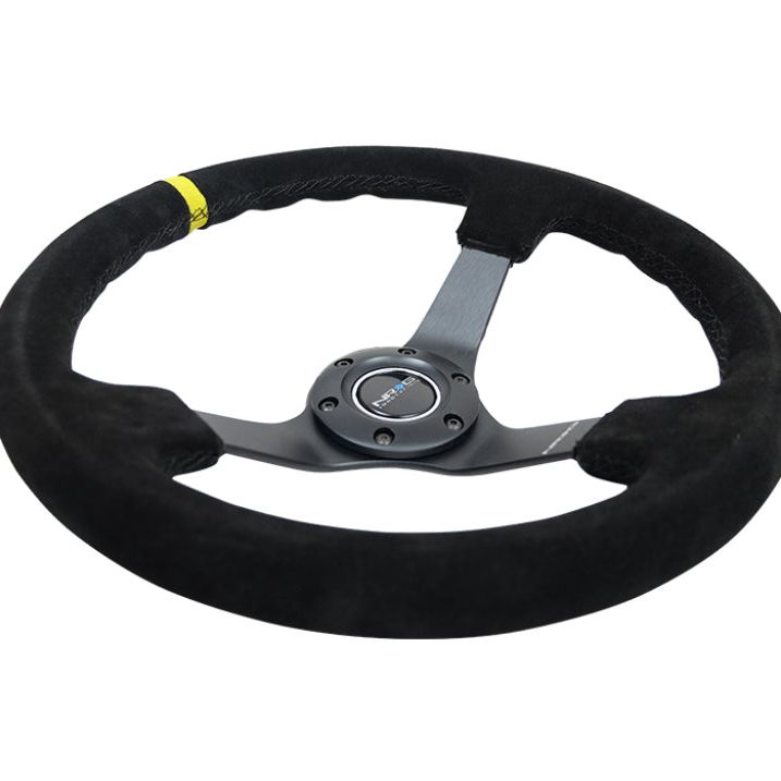 NRG Reinforced Steering Wheel (350mm / 3in. Deep) Blk Suede/X-Stitch w/5mm Blk Spoke & Yellow CM - SMINKpower Performance Parts NRGRST-036MB-S-Y NRG