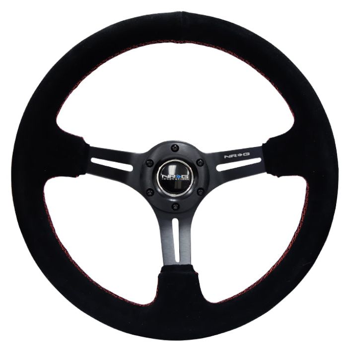 NRG Reinforced Steering Wheel (350mm / 3in. Deep) Blk Suede w/Red Stitching & 5mm Spokes w/Slits-tuningsupply.com