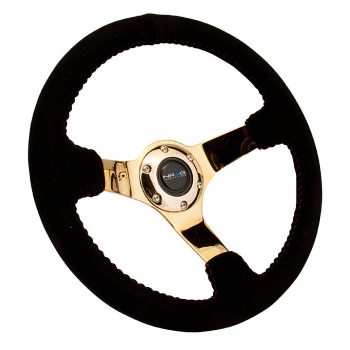 NRG Reinforced Steering Wheel (350mm / 3in. Deep) Blk Suede w/Red BBall Stitch & Chrome Gold 3-Spoke - SMINKpower Performance Parts NRGRST-036GD-S NRG