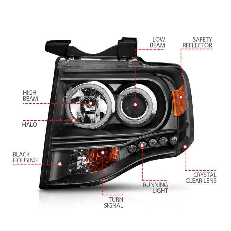 ANZO 2007-2014 Ford Expedition Projector Headlights w/ Halo Black-tuningsupply.com