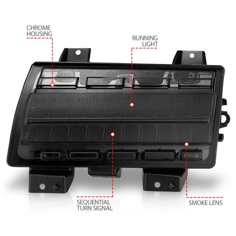 ANZO 2018-2021 Jeep Wrangler LED Side Markers Chrome Housing Smoke Lens w/ Seq. Signal Low Config-tuningsupply.com